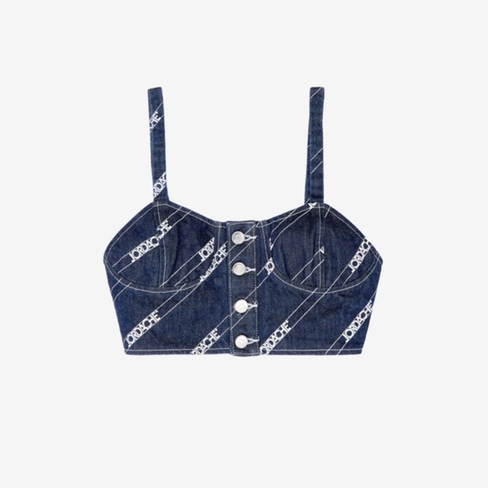 Jordache Rinse Diagonal Logo Print Bustier Top in Dark Wash